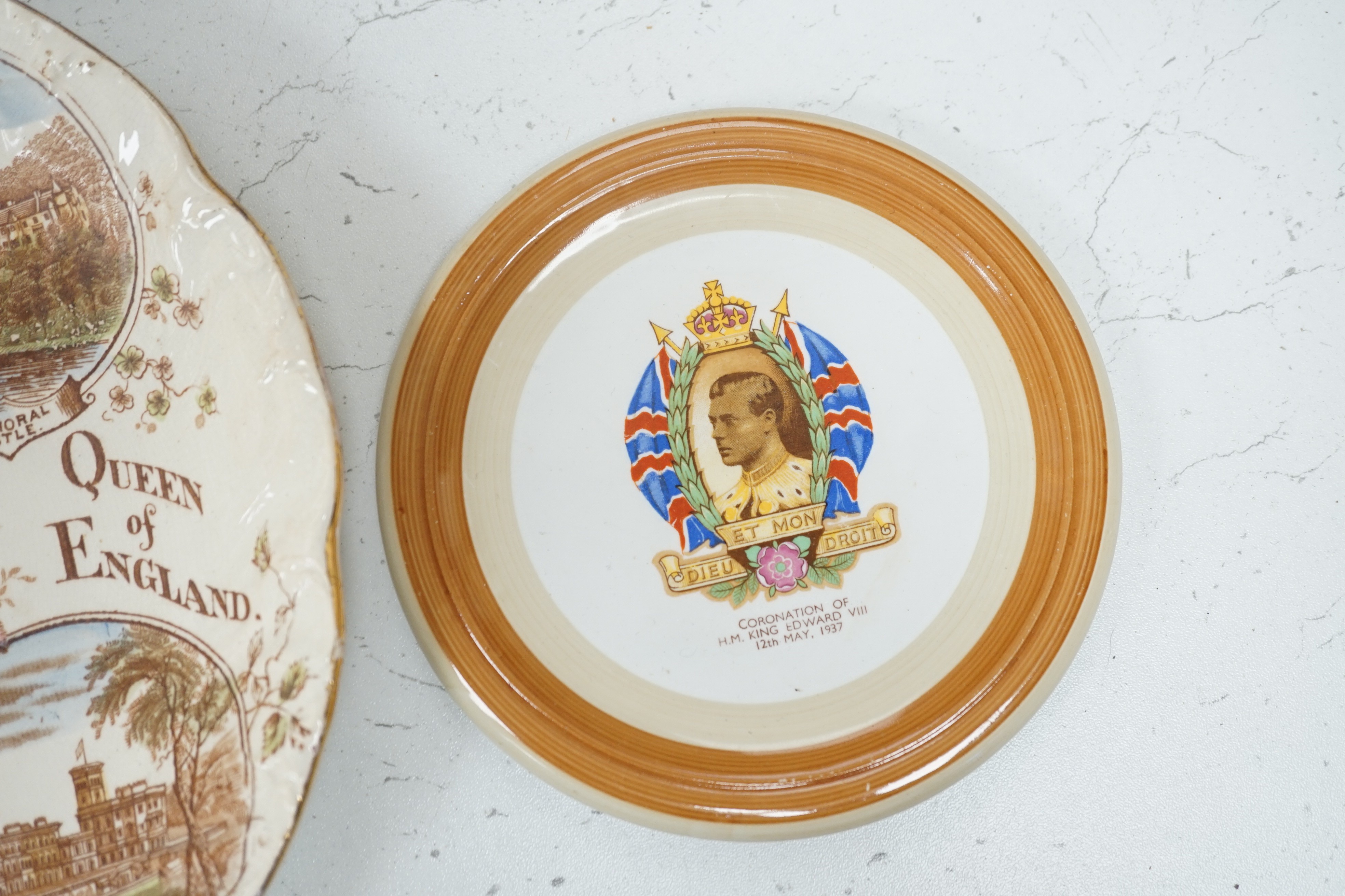 A Queen Victoria Balance of Payments plate, a memoriam plaque an 1897 Diamond Jubilee plate and a Diamond Jubilee procession chromolithograph